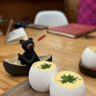 The whipped scrambled egg was plated in a laser cut shell topped with chili oil, perfect balance of fat and heat.