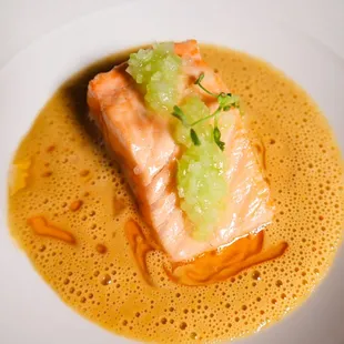 Grilled Salmon, XO Oil, Celtuce, Finger Lime, Sea Buckthorn Buerre Blanc