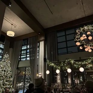 a christmas tree in a restaurant