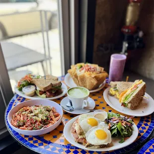 Marinated Chicken or Beef Tostada Salad, croque Madame, bolognese, blt, Lazy Breakfast Sandwich, matcha latte, berry blast