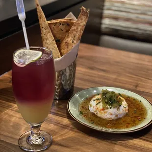 Goat cheese &amp; pepper jelly with Jamaican Lemonade! Yummmm! So recommended.