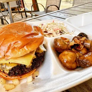a hamburger and potatoes