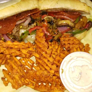 Lazy lizard Philly. I upgraded to sweet potato waffle fries with Chile ranch dressing.