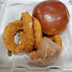 Chile Burger and Crispy Onion Rings!