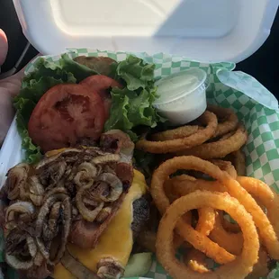 a burger and onion rings