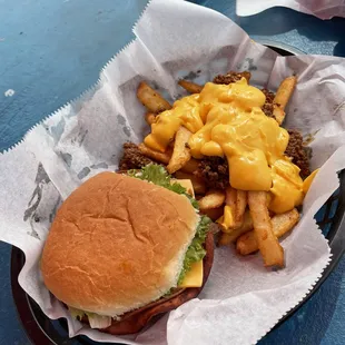 Fried bologna sandwich with chili cheese fries