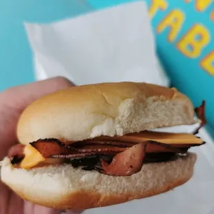 a hand holding a sandwich