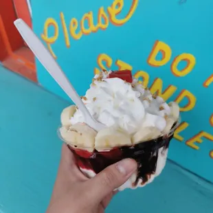 Three kinds of syrup. Chocolate, strawberry and pineapple