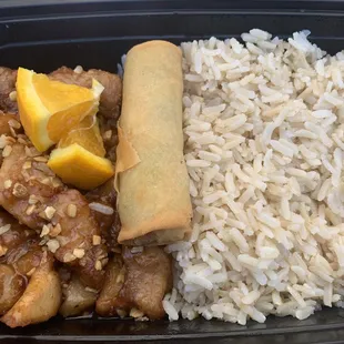 Lazy Plate (Served w/Crispy Spring Roll, Brown Rice, $12.95 + $2 Orange Chicken)- 2.5/5 stars
