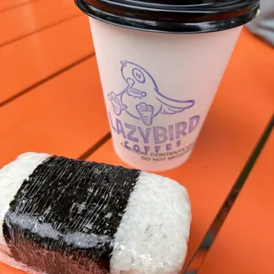 White chocolate matcha latte and musubi