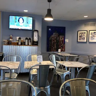 tables and chairs in a restaurant