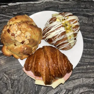 Almond Croissant, Ham &amp; Cheese, &amp; Pistachio with white chocolate