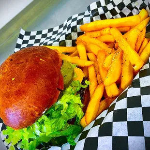 cheeseburger and fries