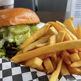 Bacon cheeseburger and fries