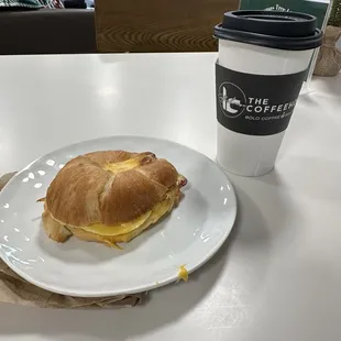 Canadian bacon and egg sandwich and hot chocolate