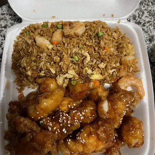 Sesame chicken with shrimp fried rice