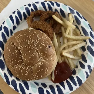 Hamburger, fries, rings, shared the sides with my husband.
