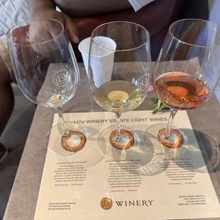 Wine flight with cards that explained the wines