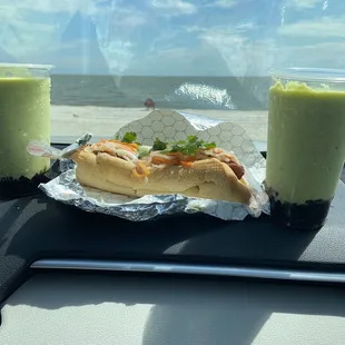 Avocado smoothie with coffee jelly and lemon grass pork wirh pork sausage banh mi.