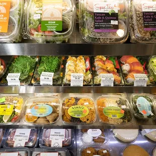 Easy grab and go salads, sushi, and microwavable meals.