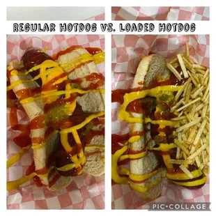 two hotdogs with mustard and ketchup