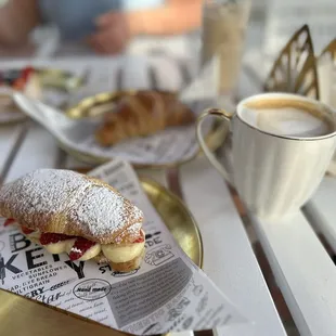 Strawberry cream croissant, cappuccino, butter croissant