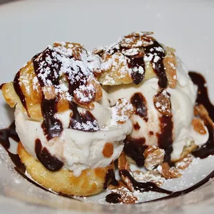 The Profiteroles were served with Vanilla Ice Cream and Hot Chocolate Sauce.