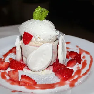 The Vacherin was made with Strawberries, Meringue Tears, coulis, Raspberry Sorbet, Vanilla Ice Cream &amp; Frozen Whipped Cream.