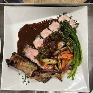 a plate of meat and vegetables