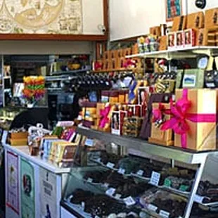 a display of chocolates and pastries