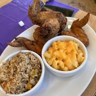 Fried Chicken Platter with Mac and Cheese and Dirty Rice