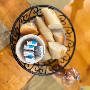 a bowl of bread and wine