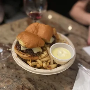 Smash burger, fries, sauce (I think it was lyonnaise?)