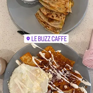 Chicken chilaquillas and breakfast quesadilla