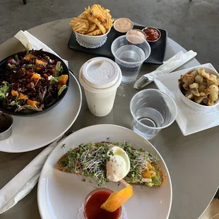 Avocado toast, sweet potato salad, Home Fries, and waffle fries. And a honey lavender latte :) so good!