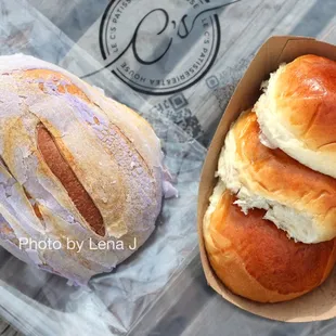 Taro Mochi Puff Bread ($5.49) and Brown Sugar Mochi Dinner Roll ($3.69 for 3 pieces)
