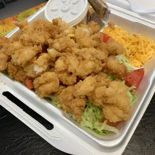 Fried shrimp salad.