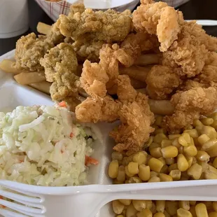 Platter with shrimp and oysters - french fries, coleslaw, corn all included