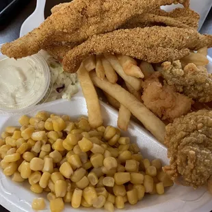Combination platter with catfish fillet's, shrimp and oysters