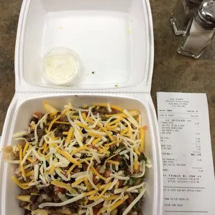 Carne Asada Fries  French Fries + Steak + Pico de Gallo + Sour Cream + Bean + Cheese  Thanks Le Cafe for making it happen! :]