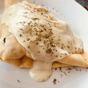 Crepe with grilled chicken mushrooms &amp; Swiss cheese