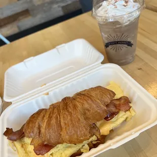 NYC-Style B.E.C. on croissant and White Mocha Frappe