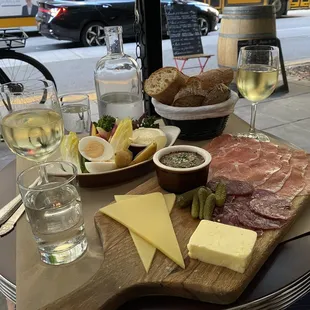 Charcuterie board paired with white wine