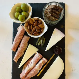 cheese, olives, and meats