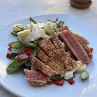 Ahi tuna salad.  Complicated Different....bamboo shoots? Asparagus.... Awesomely different.