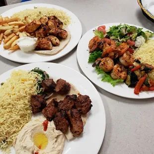 chicken, beef and shrimp kabobs