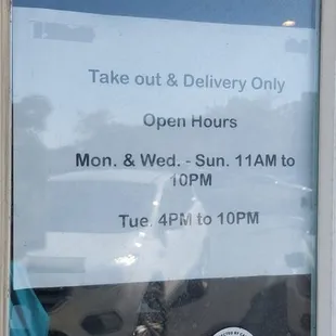 Take out and delivery only April 2023