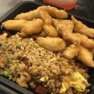 Sweet and sour chicken with bbq pork fried rice