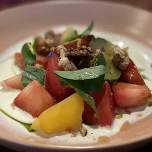 Heirloom Tomato Salad Stone Fruit / Marinated Cucumbers / Spiced Walnuts / Triple Creme Brie Dressing $14