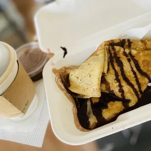 Crepe with Dark Chocolate and Strawberries + Hot French Coffee